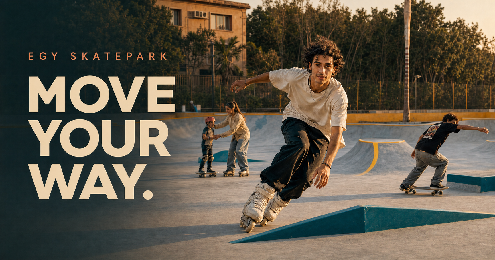 Skateboard and roller riders at the real Egy Skatepark