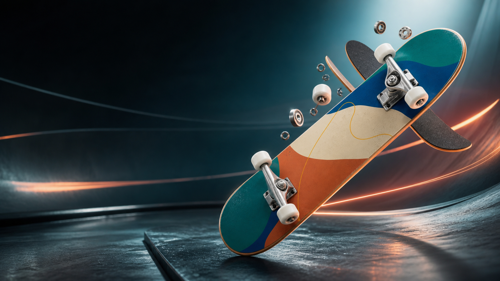 Premium complete skateboard in a cinematic 3D skatepark studio